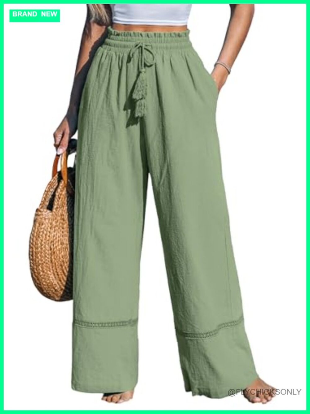 Wide Leg Pants with Pockets High Waisted Cotton Pull On